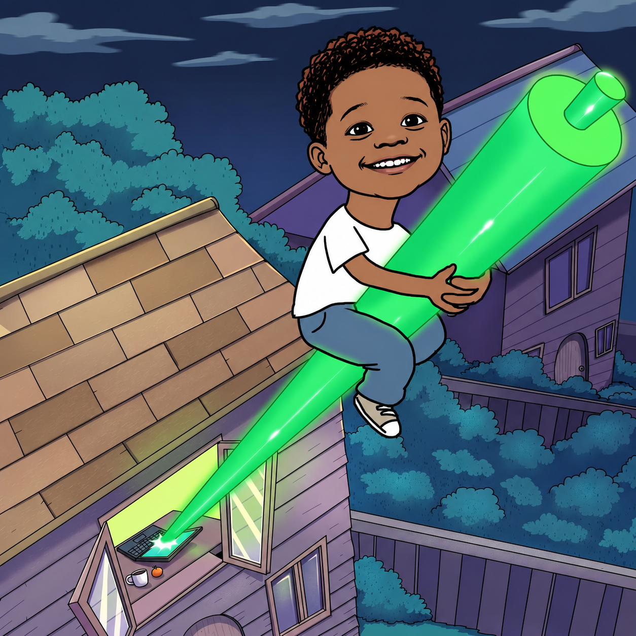 $MINIANSUM mascot riding a glowing green beam over the rooftops